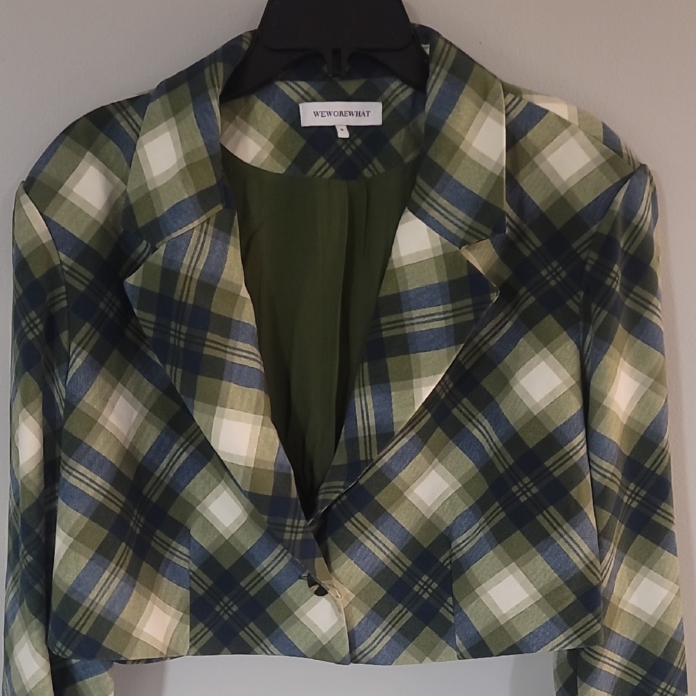 WeWoreWhat Olive & Navy Plaid Cropped Blazer